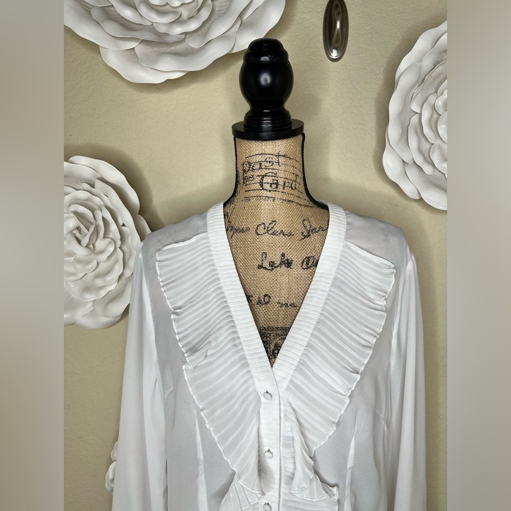Boston Proper White Sheer Button Down Ruffle Feont Blouse with Darts Sz 16 - Picture 4 of 15